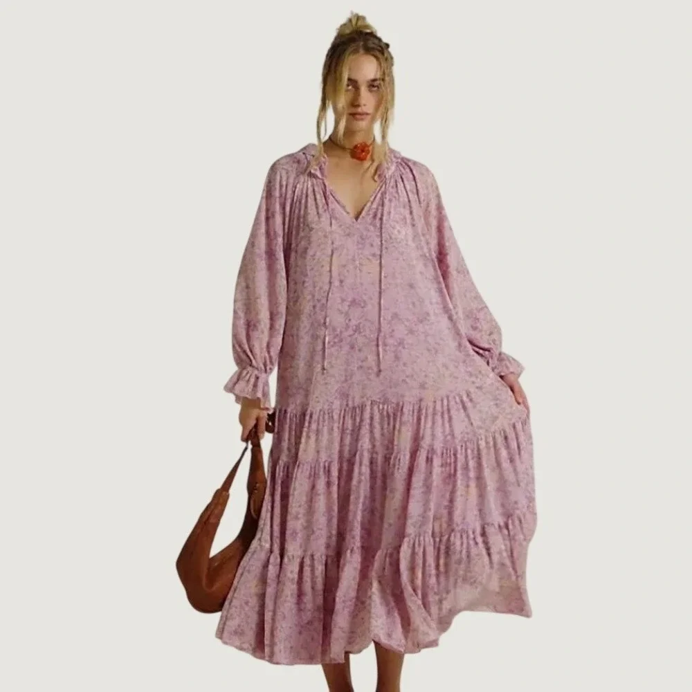 Free People Lavender Floral Tiered Boho Maxi Dress Long Sleeve Ruffle Neck XS - Picture 3 of 12